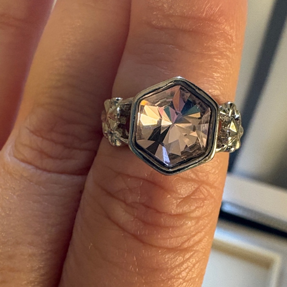 Silvertone Pink Hexagon Ring